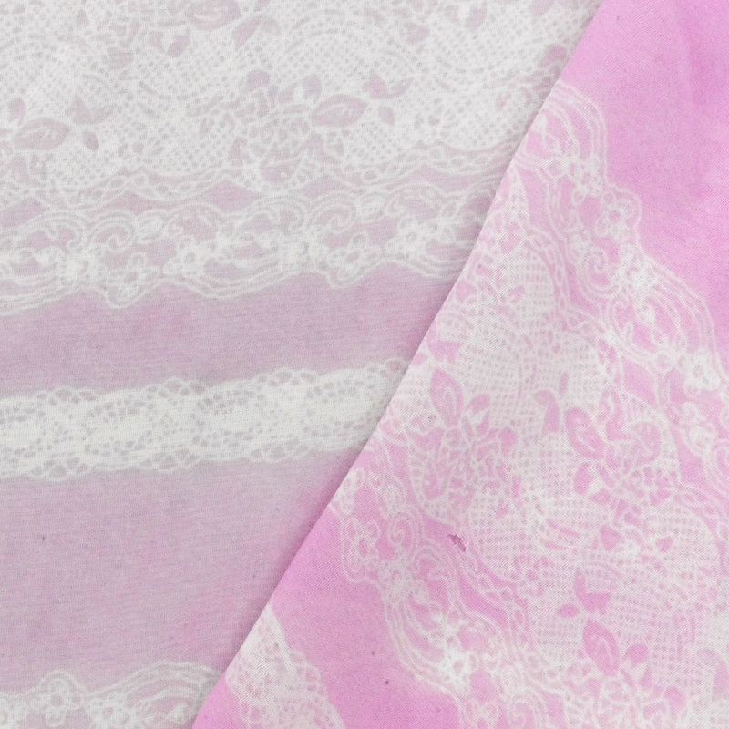 Light Fairy Pink-White Lace Stripe Printed Poly Chiffon Woven Fabric