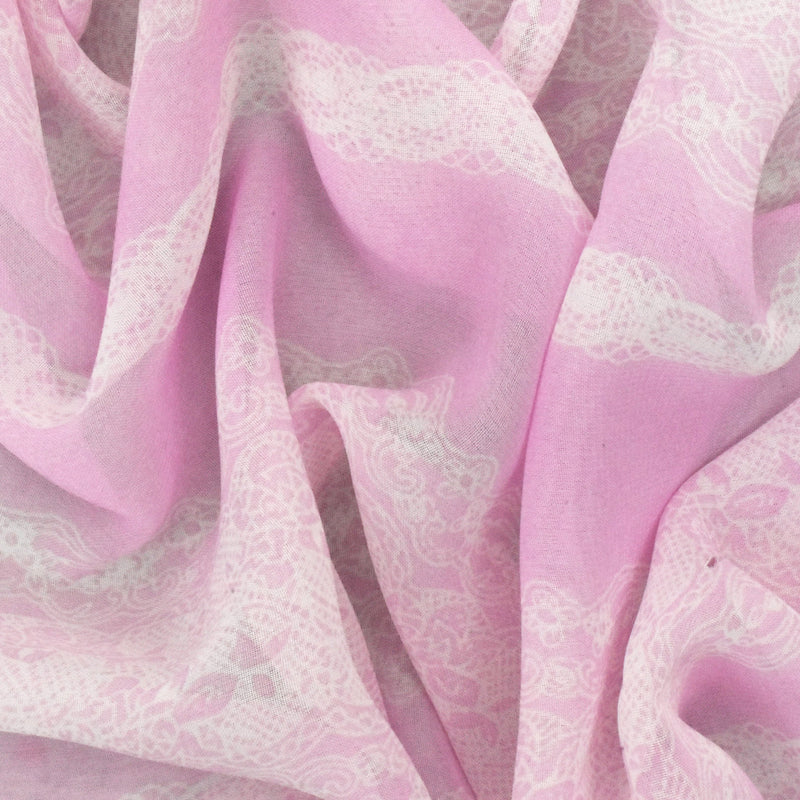 Light Fairy Pink-White Lace Stripe Printed Poly Chiffon Woven Fabric