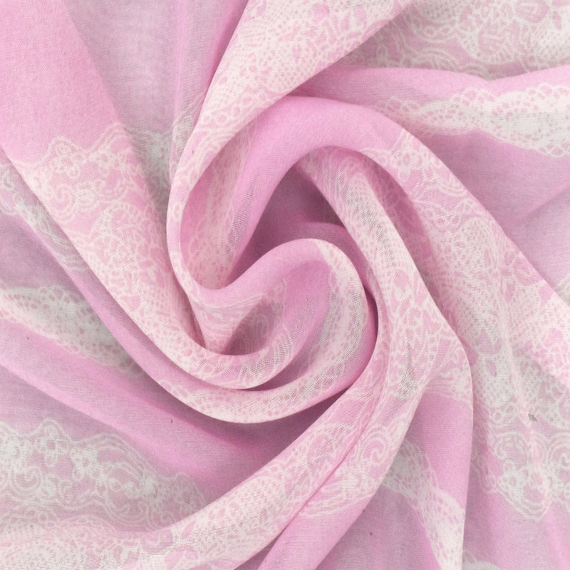 Light Fairy Pink-White Lace Stripe Printed Poly Chiffon Woven Fabric