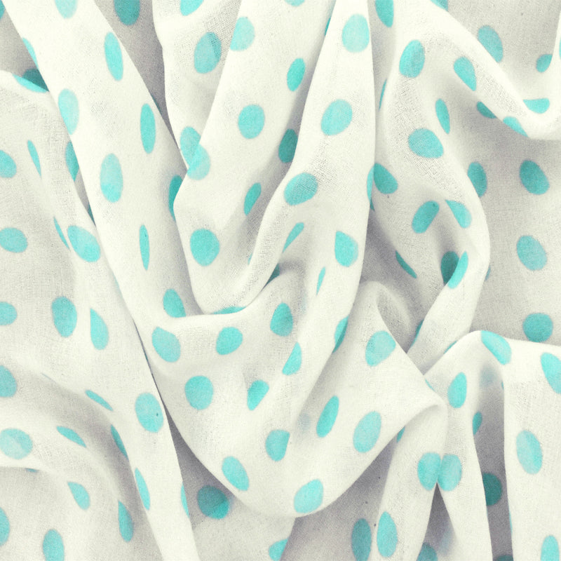 Pure White-Aqua Dot Printed Poly Chiffon Woven Fabric