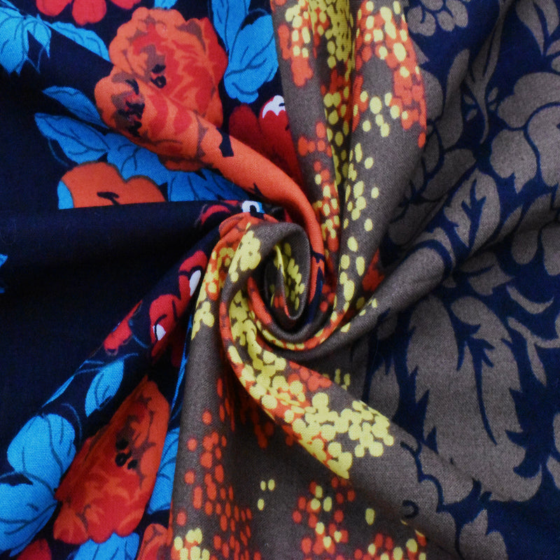 2 3/8 YD PC-Black-Orange-Multi Floral Stripe Printed Batiste Fabric