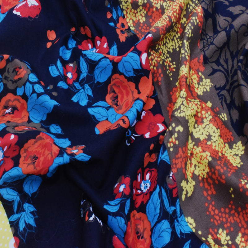 2 3/8 YD PC-Black-Orange-Multi Floral Stripe Printed Batiste Fabric