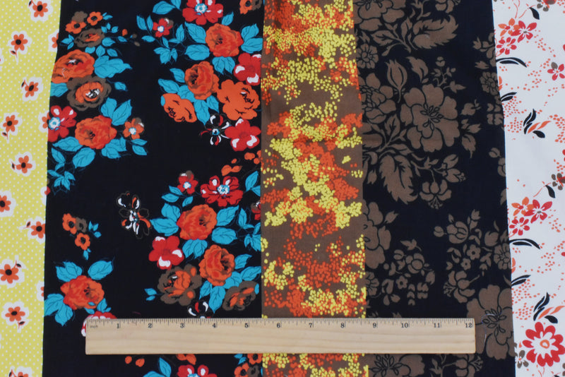 2 3/8 YD PC-Black-Orange-Multi Floral Stripe Printed Batiste Fabric