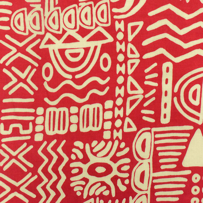 Red-Beige Tribal Symbols Printed Challis Woven Fabric