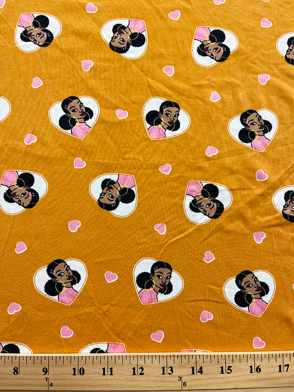 Gold Girl Heart Print Double Brushed Jersey Knit Fabric