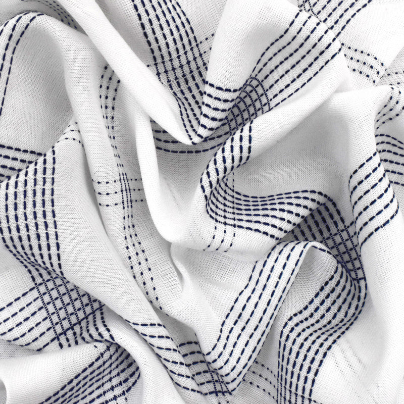 2 3/4 YD PC-Deep Blue-White Rayon Blend Stitched Plaid Lawn Fabric