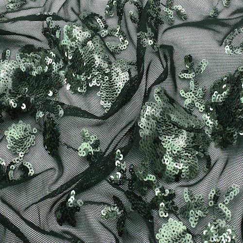 1 1/2 YD PC-Black/Deep Green Floral Sequined Stretch Mesh Fabric