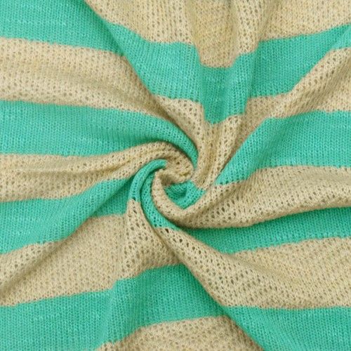 Turquoise/Cream Beige Semi-Opaque Striped Knit Fabric