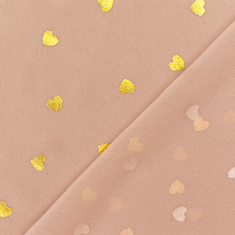 Soft Peach-Gold Heart Foil Printed Poly Chiffon Woven Fabric