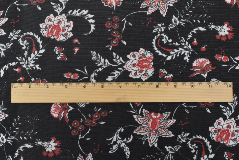 Black-White-Orange Floral Printed Stretch Poly Spandex Mesh Knit Fabric
