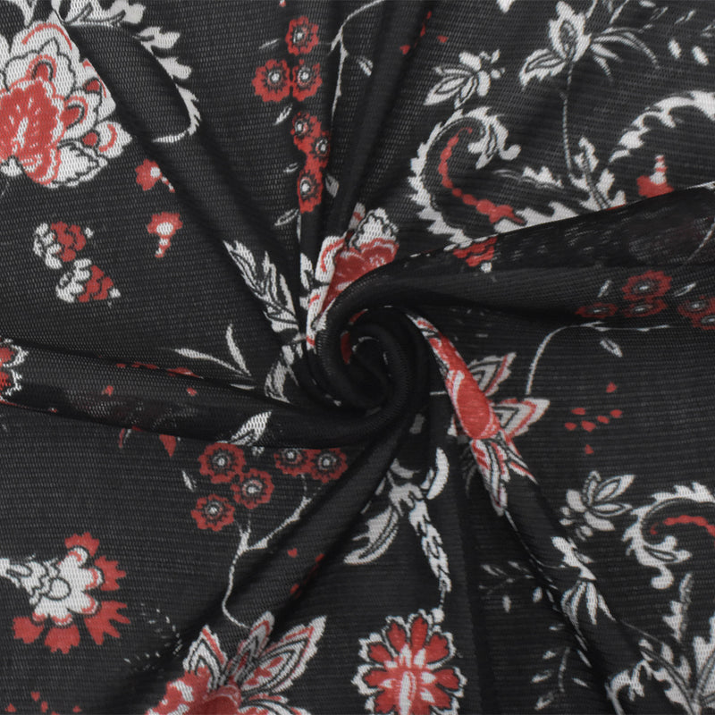 Black-White-Orange Floral Printed Stretch Poly Spandex Mesh Knit Fabric