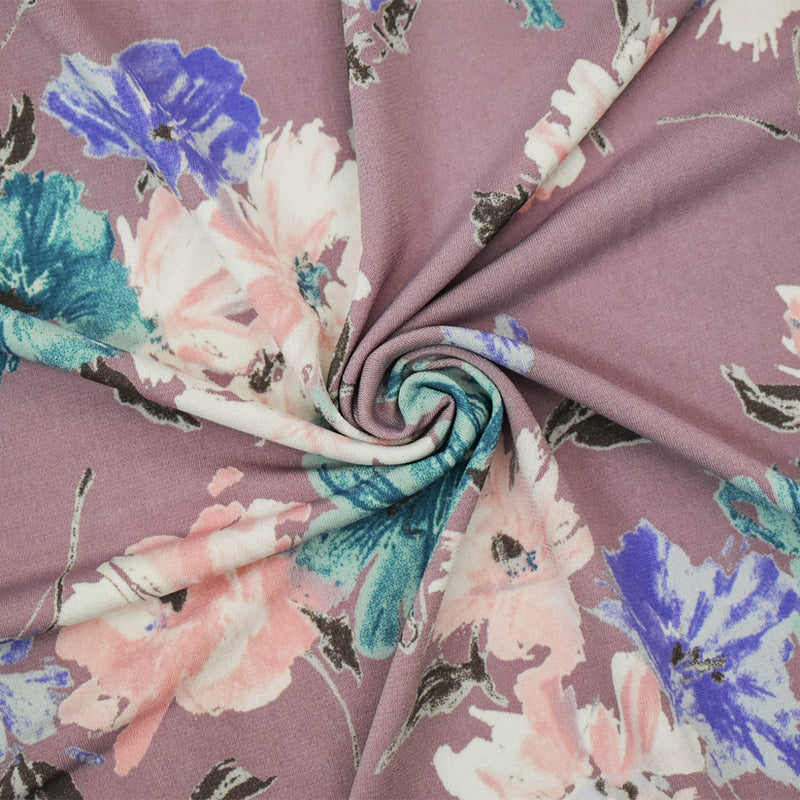 Mauve Purple-Blue-Multi Nylon Stretch Spandex Floral Printed ITY Knit Fabric