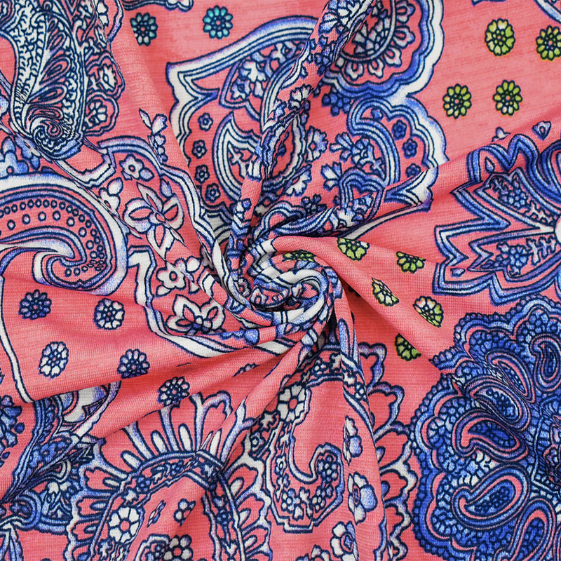 2 1/2 YD PC-Coral Pink-Blue-Multi Nylon Stretch Spandex Baroque Printed ITY Knit Fabric
