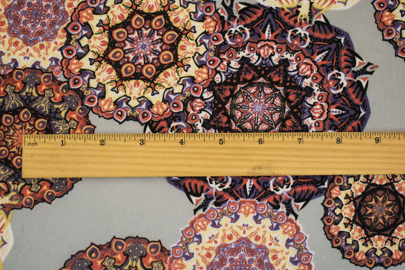 Gray-Coral-Multi Nylon Stretch Medallion Art Printed ITY Jersey Knit Fabric