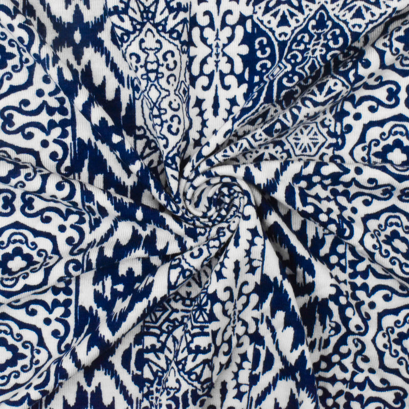 2 7/8 YD PC-Ink Blue-White Multi Pattern Stripe Print Stretch Rayon Jersey Knit Fabric
