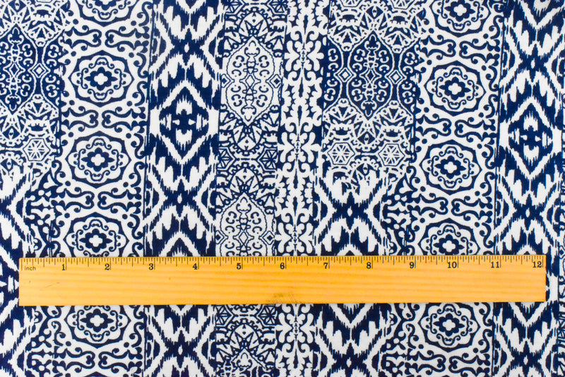 2 7/8 YD PC-Ink Blue-White Multi Pattern Stripe Print Stretch Rayon Jersey Knit Fabric