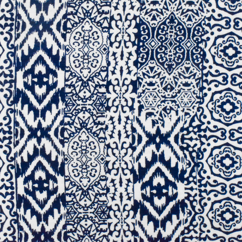2 7/8 YD PC-Ink Blue-White Multi Pattern Stripe Print Stretch Rayon Jersey Knit Fabric