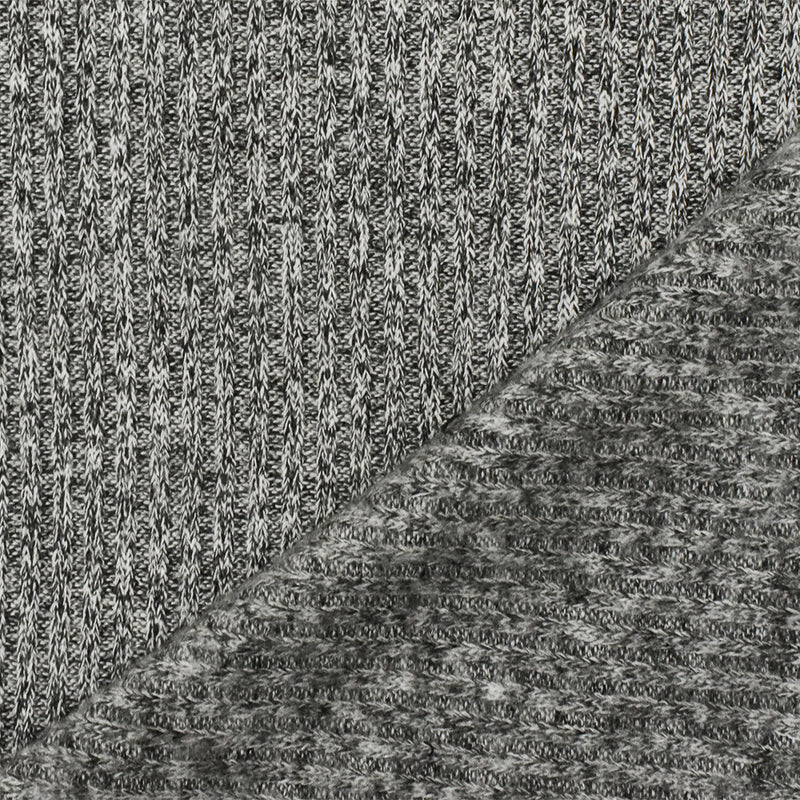 Black-White Texture Stretch Poly Blend Brushed Back 2X2 Rib Knit Fabric