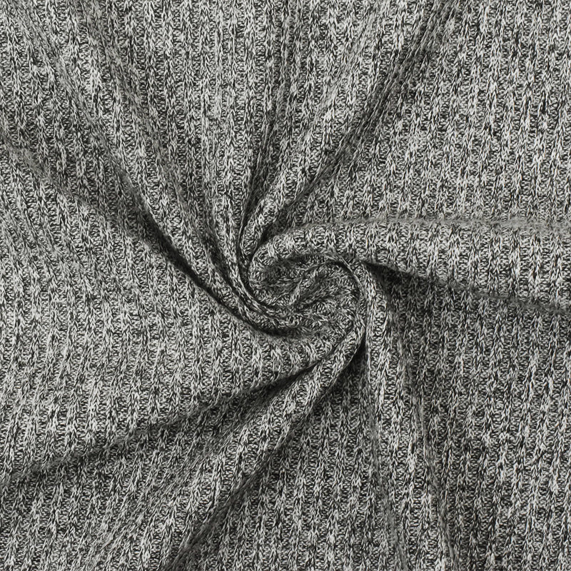 Black-White Texture Stretch Poly Blend Brushed Back 2X2 Rib Knit Fabric