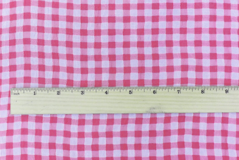 Pink-White Check Poly Crinkle Chiffon Woven Fabric