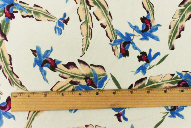 Ivory-Blue-Multi Floral Printed Stretch Nylon Tricot Knit Swimwear Fabric