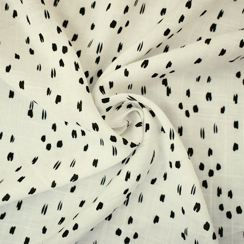 3 YD PC-White-Black Rayon Abstract Spots Semi-Sheer Printed Slub Woven Fabric