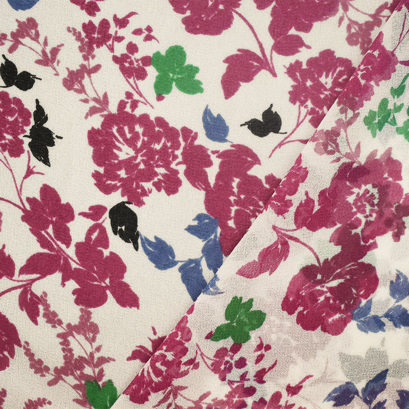 White-Magenta Pink-Multi Floral Printed Poly Chiffon Woven Fabric