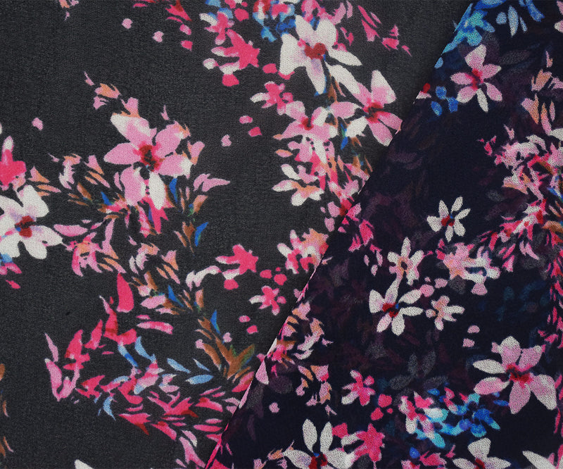 Black-Pink-Multi Floral Printed Poly Chiffon Woven Fabric