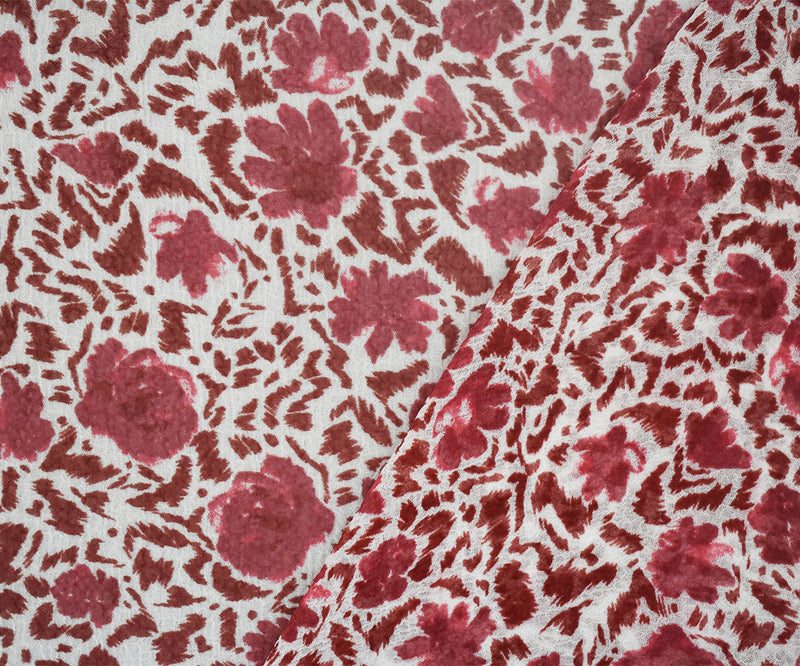 White-Red Abstract Floral Printed Poly Crinkled Chiffon Woven Fabric