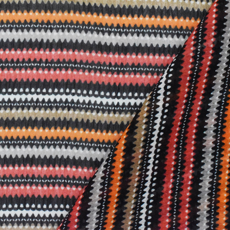 Black-Multi Mini Wave Stripe Printed Poly Crinkle Yoryu Chiffon Fabric