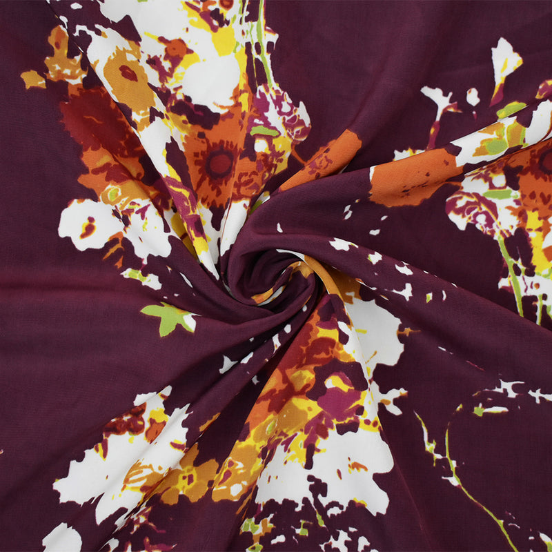 Red-Orange-Multi Poly Floral Printed Faille Woven Fabric
