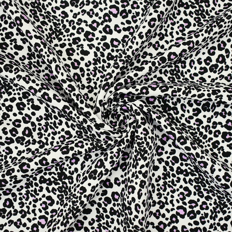 White-Black-Purple Polyester Leopard Printed Crepe Faille Woven Fabric
