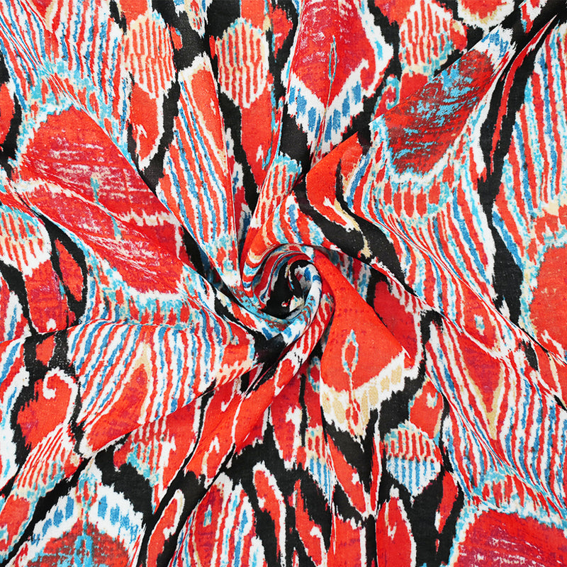 Orange-Black-Multi Abstract Peacock Feather Print Poly Chiffon Woven Fabric