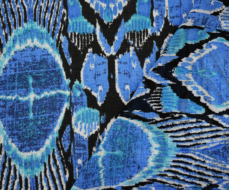 Blue-Black-Multi Abstract Peacock Feather Printed Poly Chiffon Woven Fabric