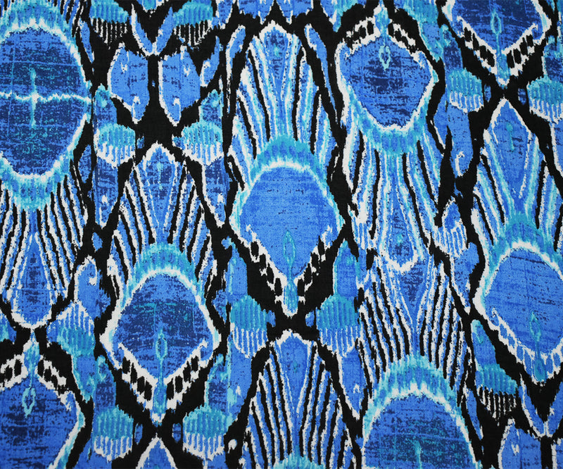 Blue-Black-Multi Abstract Peacock Feather Printed Poly Chiffon Woven Fabric
