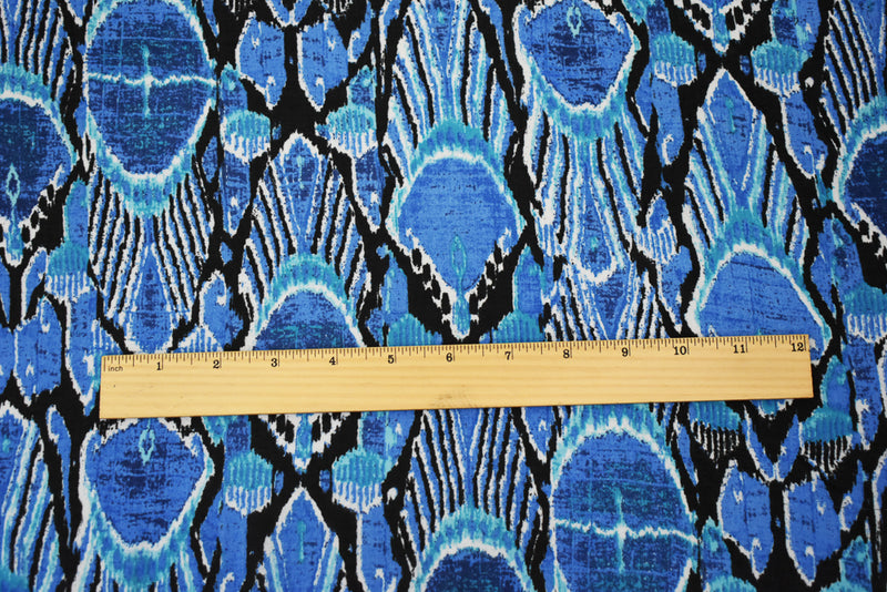 Blue-Black-Multi Abstract Peacock Feather Printed Poly Chiffon Woven Fabric