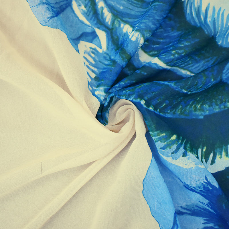 Ivory-Blue-Multi Floral Printed Poly Chiffon Woven Fabric