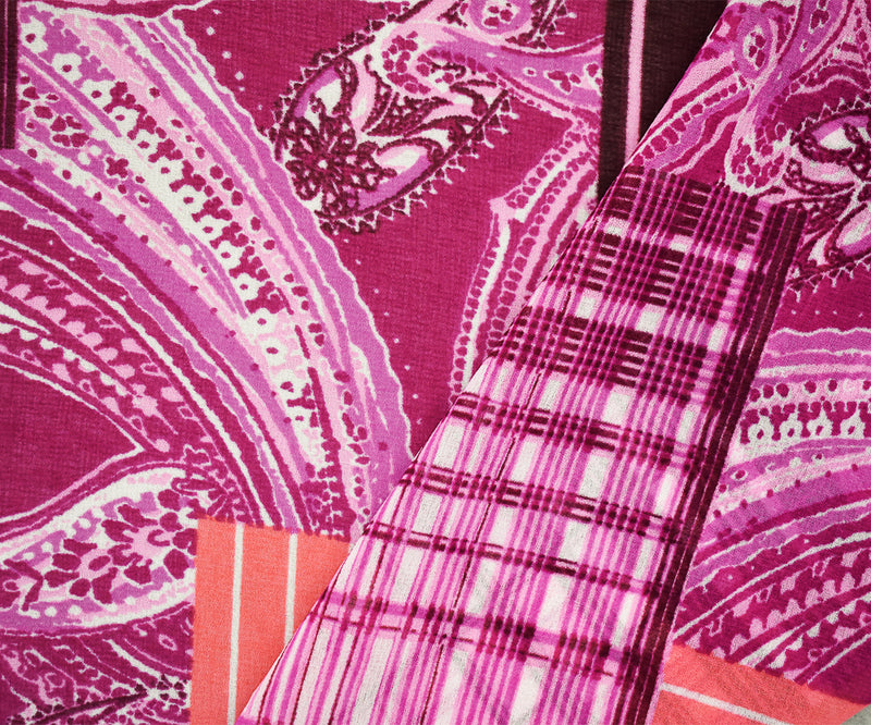 Fuchsia Pink-Coral-Multi Patch Paisley Printed Poly Chiffon Woven Fabric