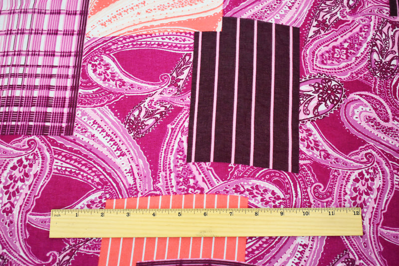 Fuchsia Pink-Coral-Multi Patch Paisley Printed Poly Chiffon Woven Fabric