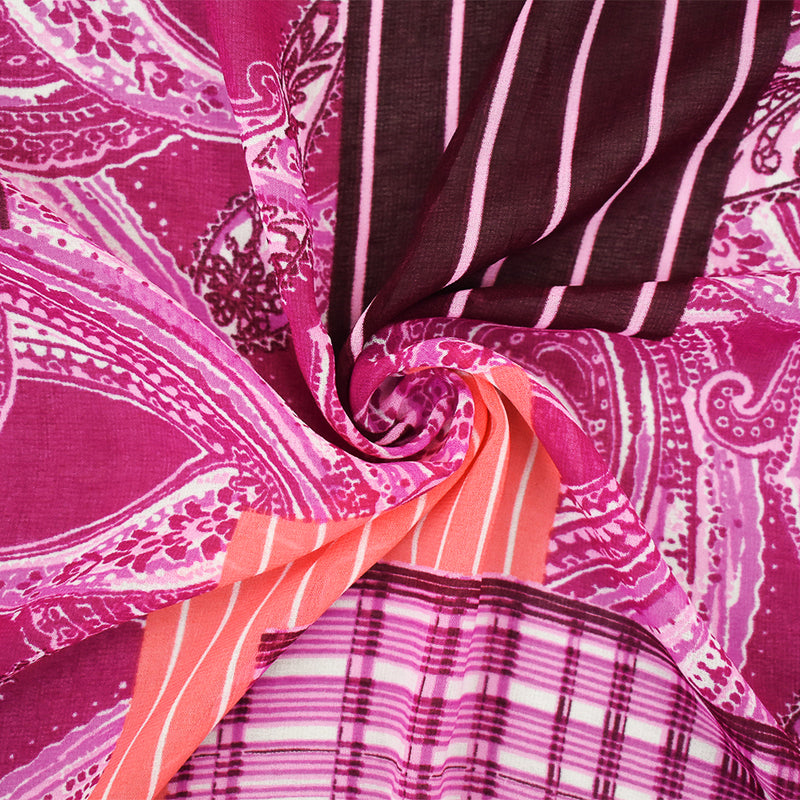 Fuchsia Pink-Coral-Multi Patch Paisley Printed Poly Chiffon Woven Fabric