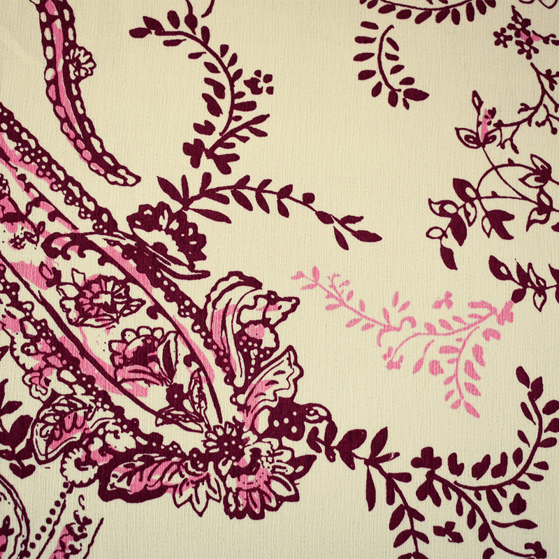 Red-White-Pink Paisley Vine Printed Poly Slub Momie Crepe Woven Fabric
