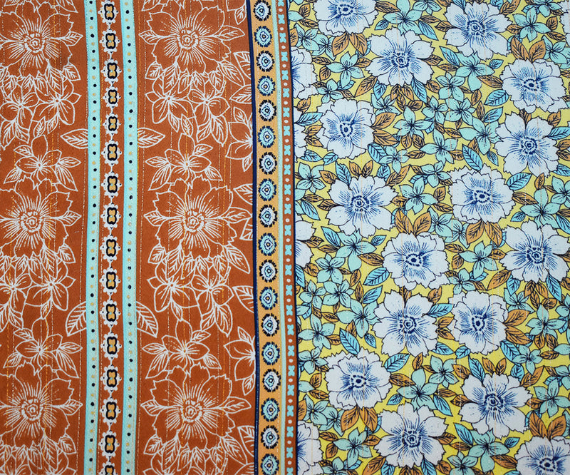 Yellow-Multi Floral Border Print Stretch Metallic Poly Ghost Crepe Fabric