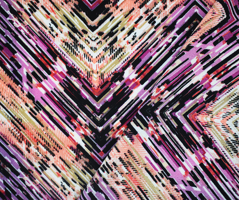 Purple-Coral-Multi Poly Abstract Tribal Chevron Printed Crepe Woven Fabric