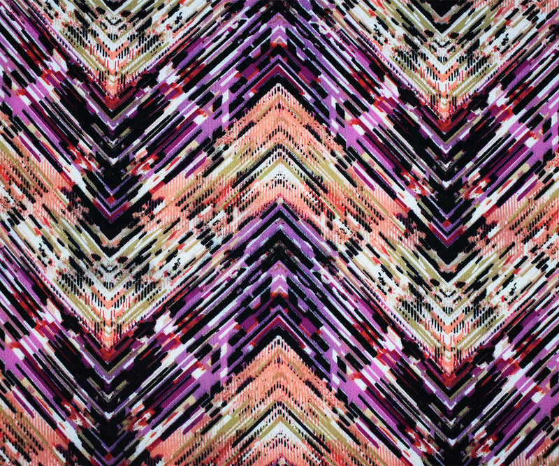 Purple-Coral-Multi Poly Abstract Tribal Chevron Printed Crepe Woven Fabric