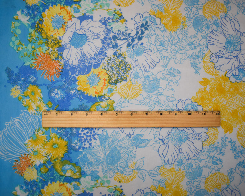 Blue-White-Multi Poly Floral Border Printer Chiffon Woven Fabric