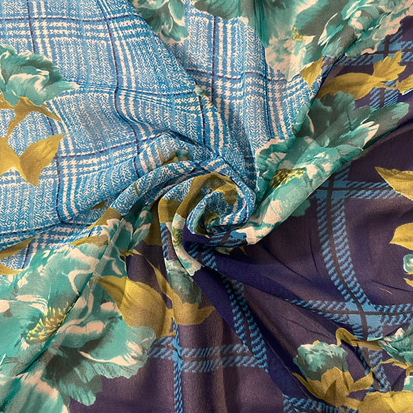 Turquoise Multi Plaid Floral Print Chiffon Fabric