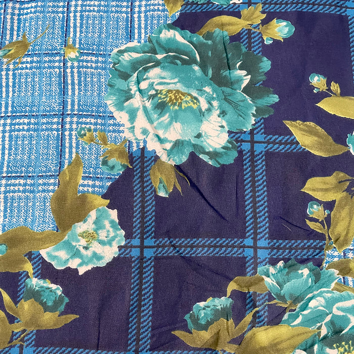 Turquoise Multi Plaid Floral Print Chiffon Fabric