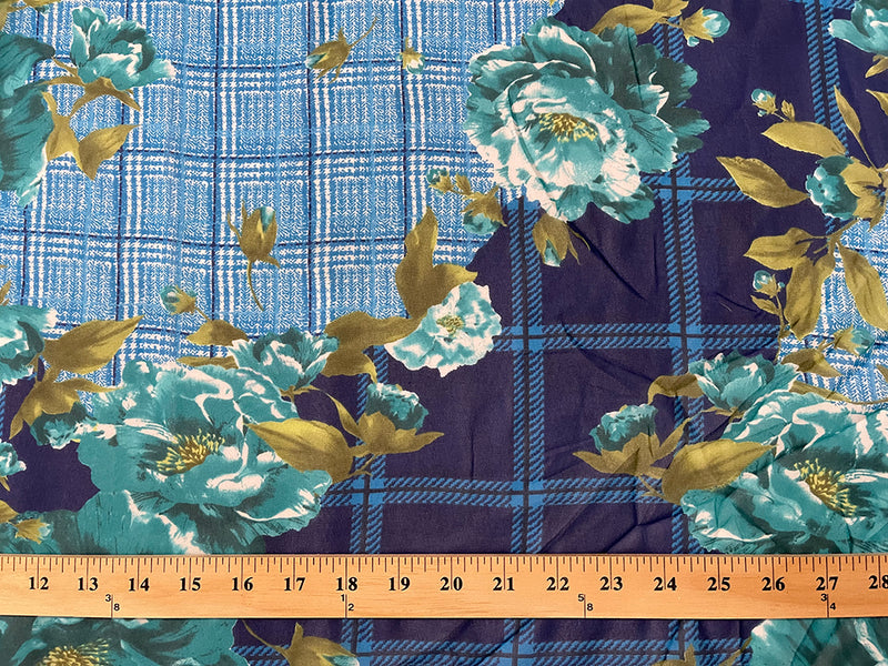 Turquoise Multi Plaid Floral Print Chiffon Fabric