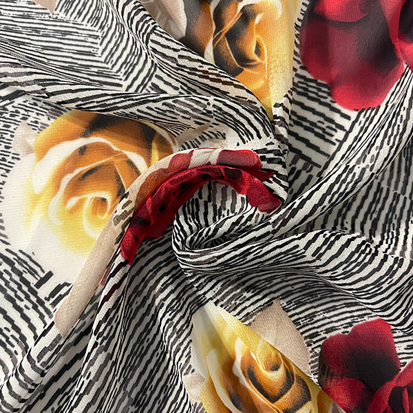 Red and Gold Floral Poly Print Chiffon Fabric