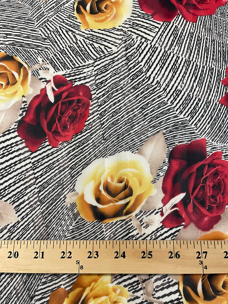 Red and Gold Floral Poly Print Chiffon Fabric